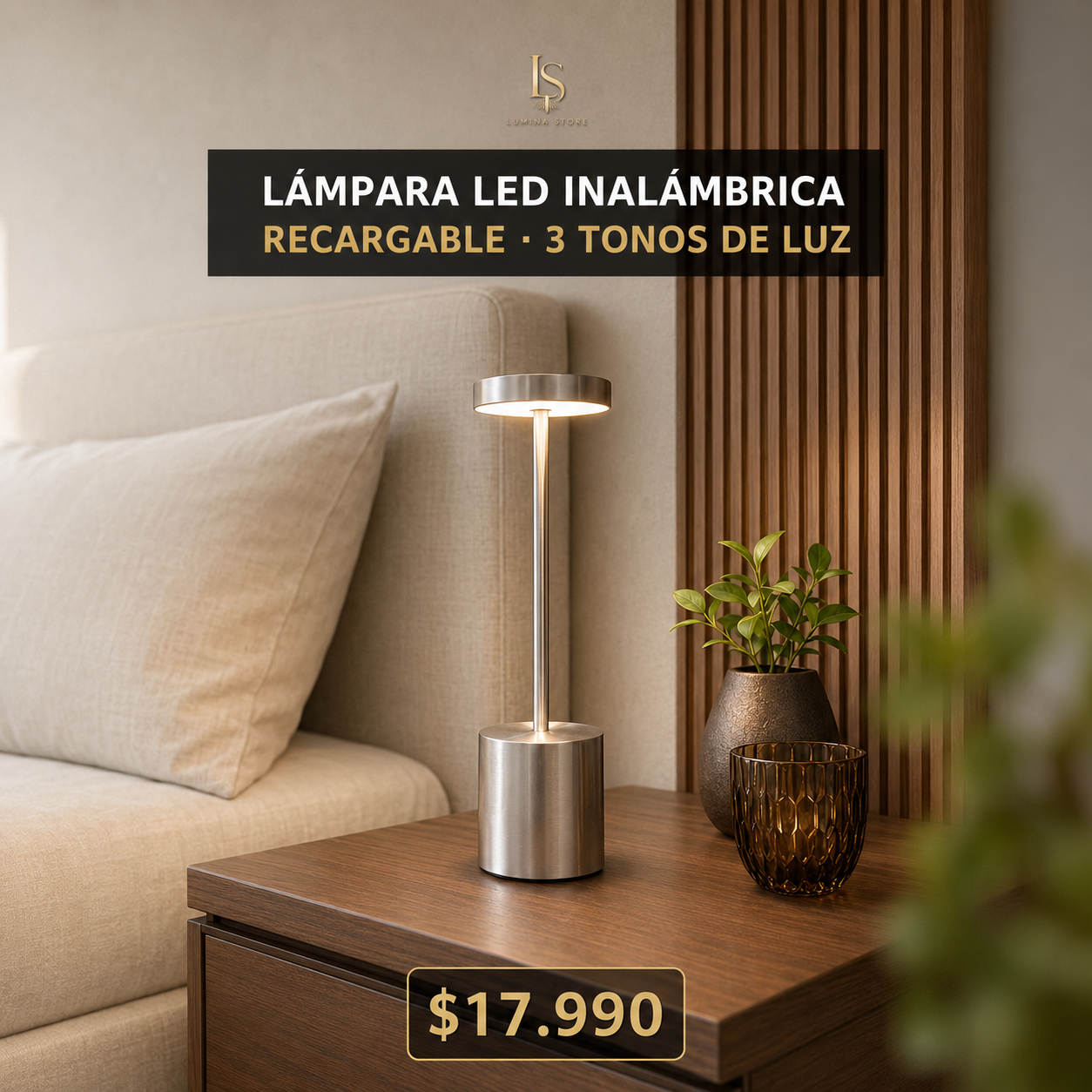 Lámpara LED Inalámbrica Recargable – 3 Tonos de Luz