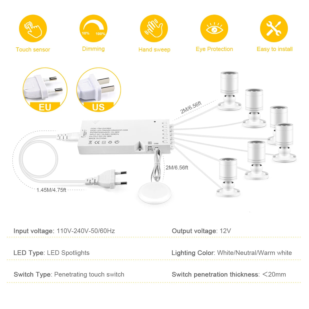 Lámpara LED Táctil 12V para Vitrinas y Muebles – Luz Regulable