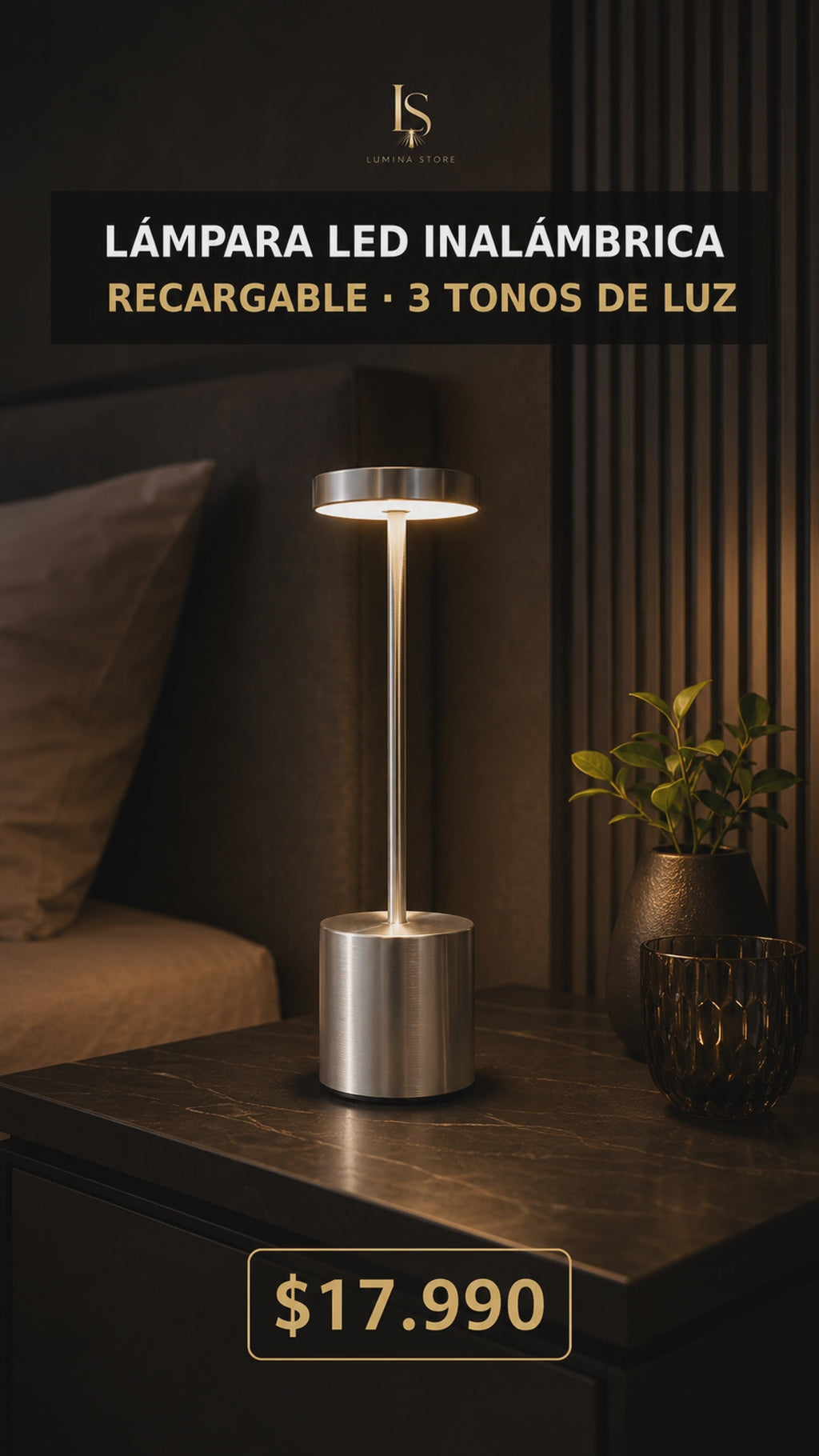 Lámpara LED Inalámbrica Recargable – 3 Tonos de Luz