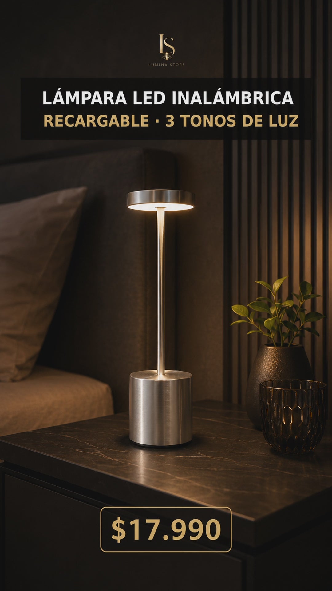 Lámpara LED Inalámbrica Recargable – 3 Tonos de Luz